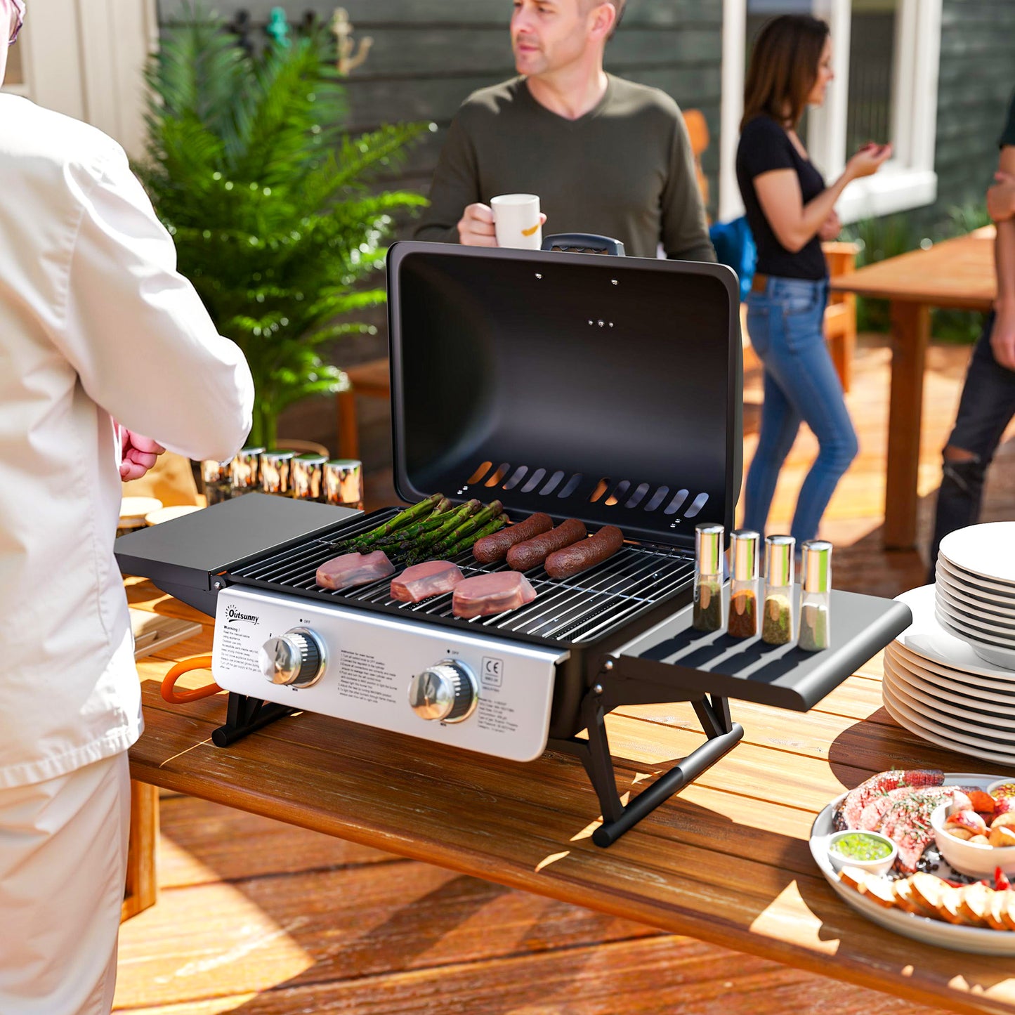 Portable Tabletop Gas Barbecue Grill with Thermometer, Black