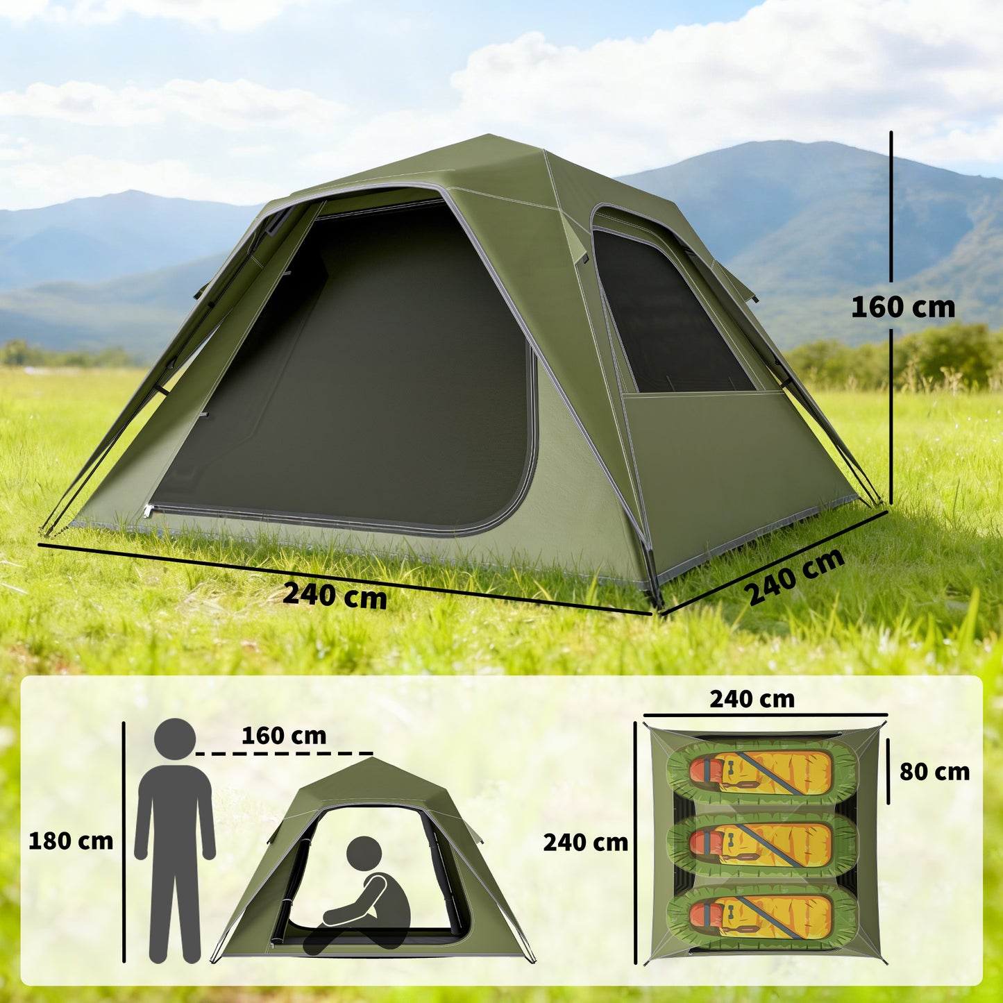 Pop Up Tent Waterproof Camping Tents 2-3 People Green