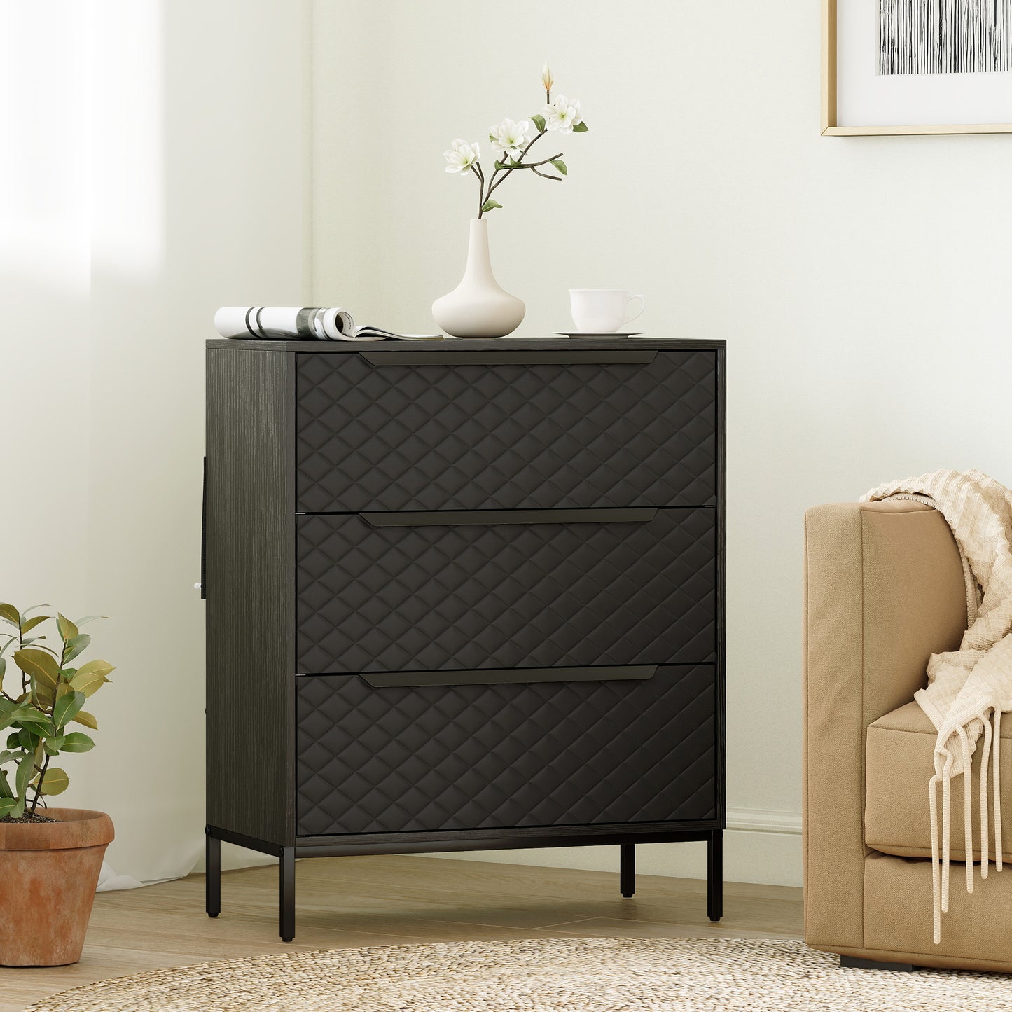 Chest of Drawers, 3 Fabric Drawer Dresser, Aluminium Handles, Black