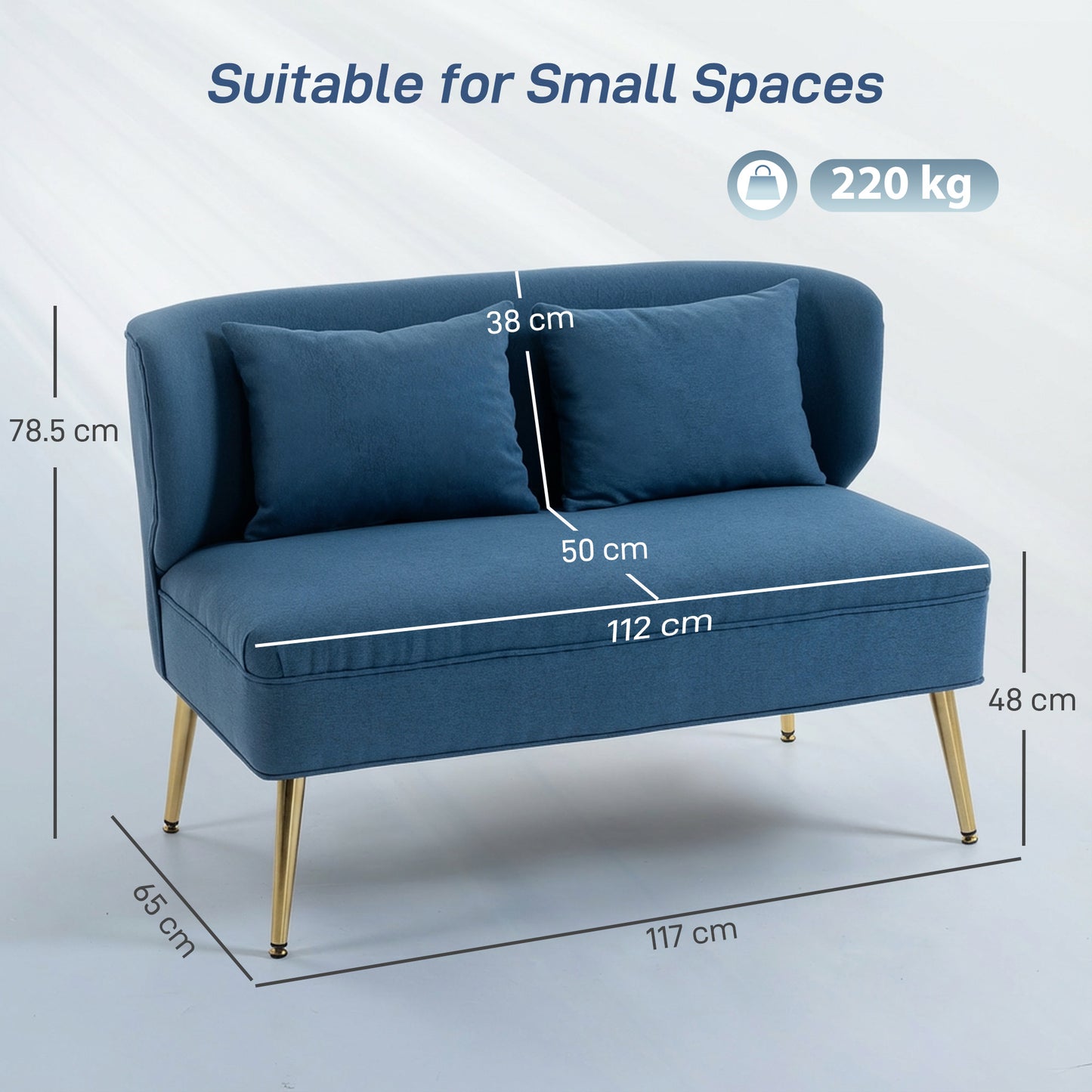 2 Seater Sofa, Small Sofa with Wing Back, Thick Seat, Dark Blue