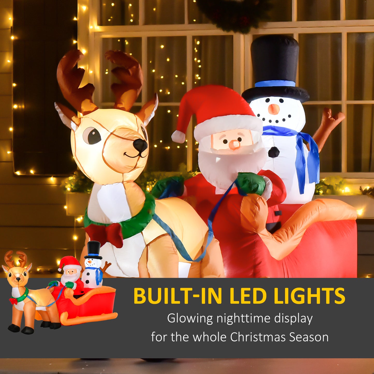 6.5ft Christmas Inflatable Santa Claus on Sleigh Deer with LED Light
