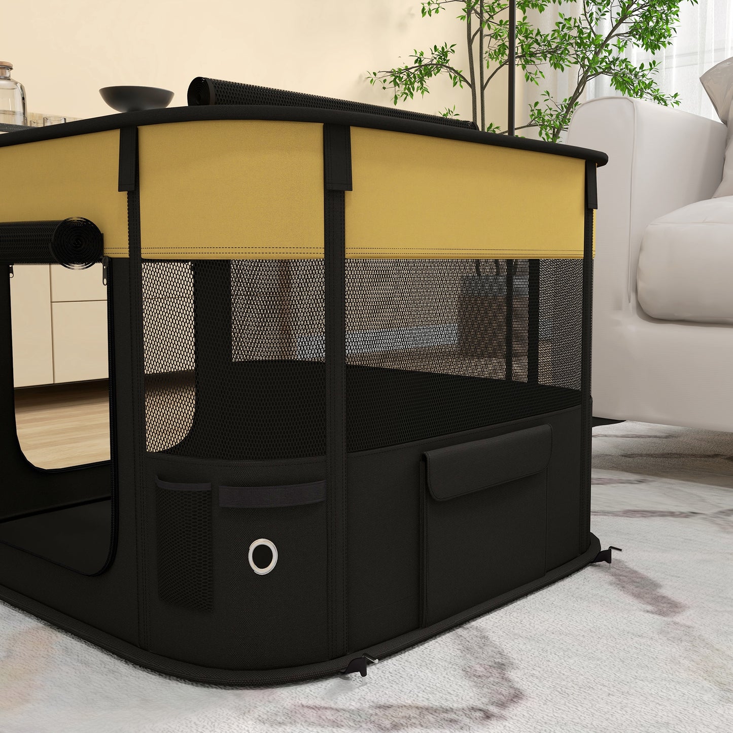 Dog Pen, Pet Playpen, Portable Foldable Dog Cat Playpen Soft Pet Cage with Storage Bag for Puppies, Rabbits, Kittens, Guinea Pigs, 74 x 60 x 45cm - Yellow