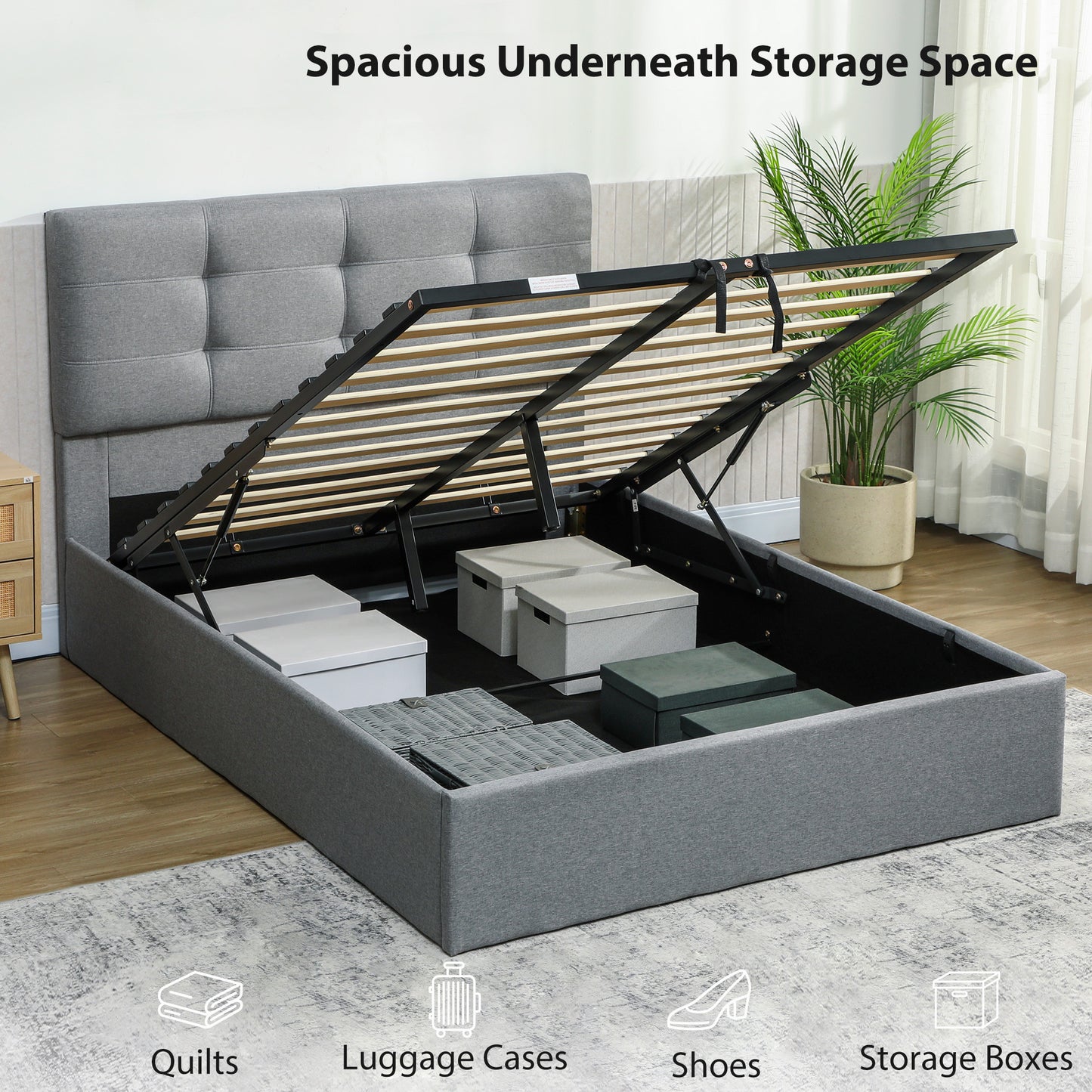 Upholstered Double Ottoman Bed, 4ft6 Double Ottoman Bed with Gas Lift Storage - Grey
