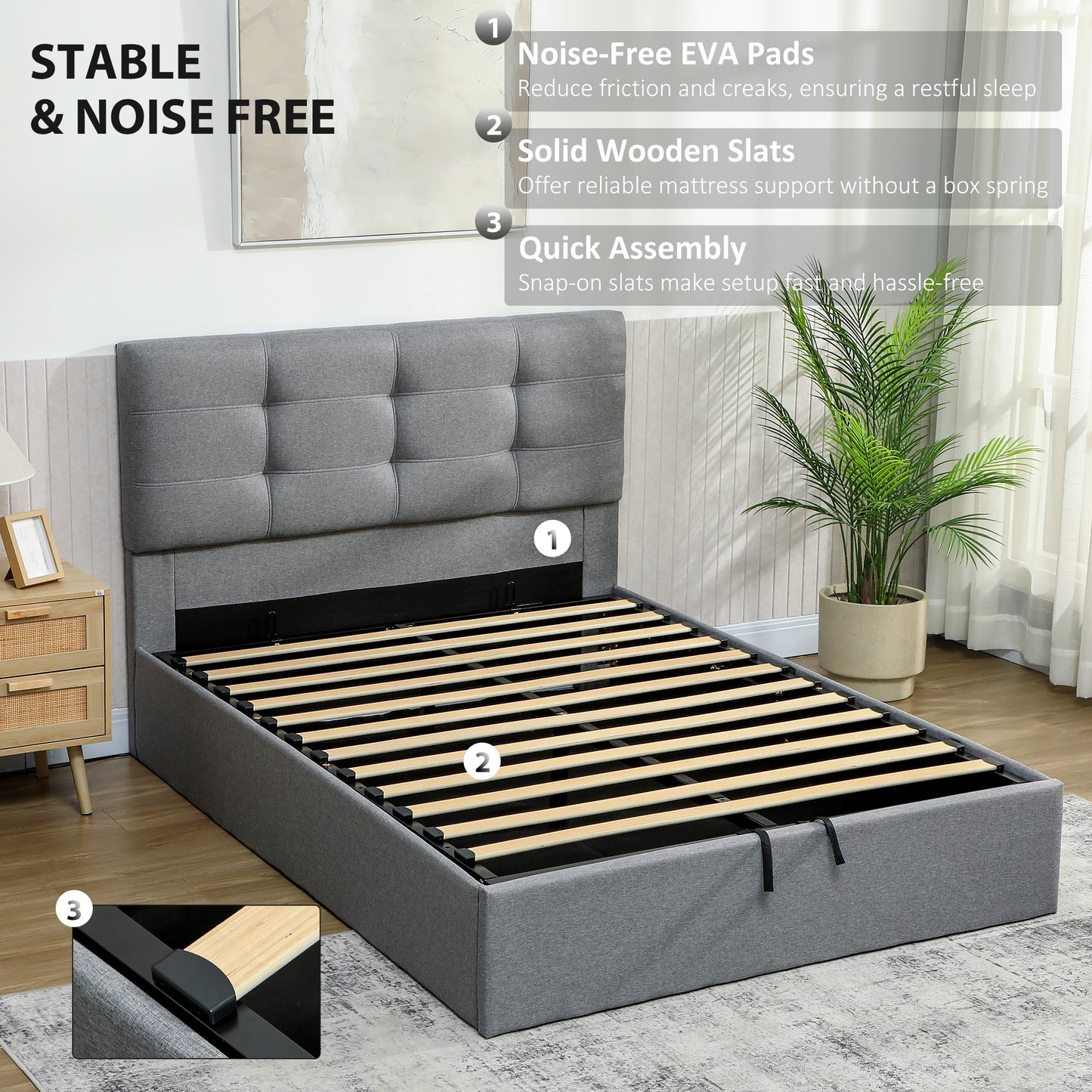 Upholstered Double Ottoman Bed, 4ft6 Double Ottoman Bed with Gas Lift Storage - Grey