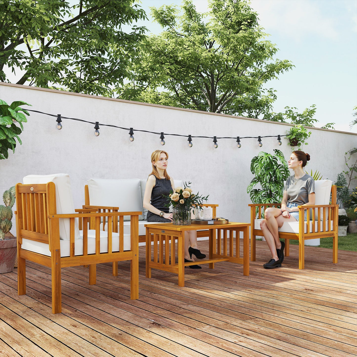 4 Seater Acacia Wood Patio Conversation Set Slatted Design Teak