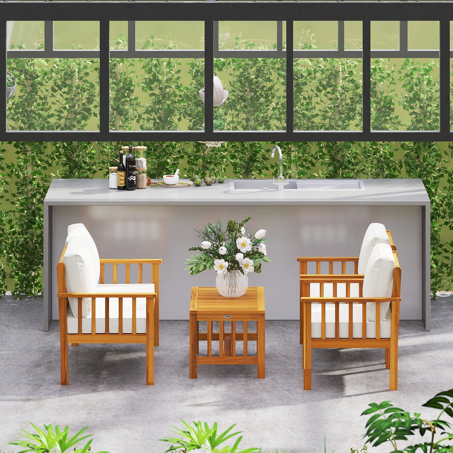 4 Seater Acacia Wood Patio Conversation Set Slatted Design Teak