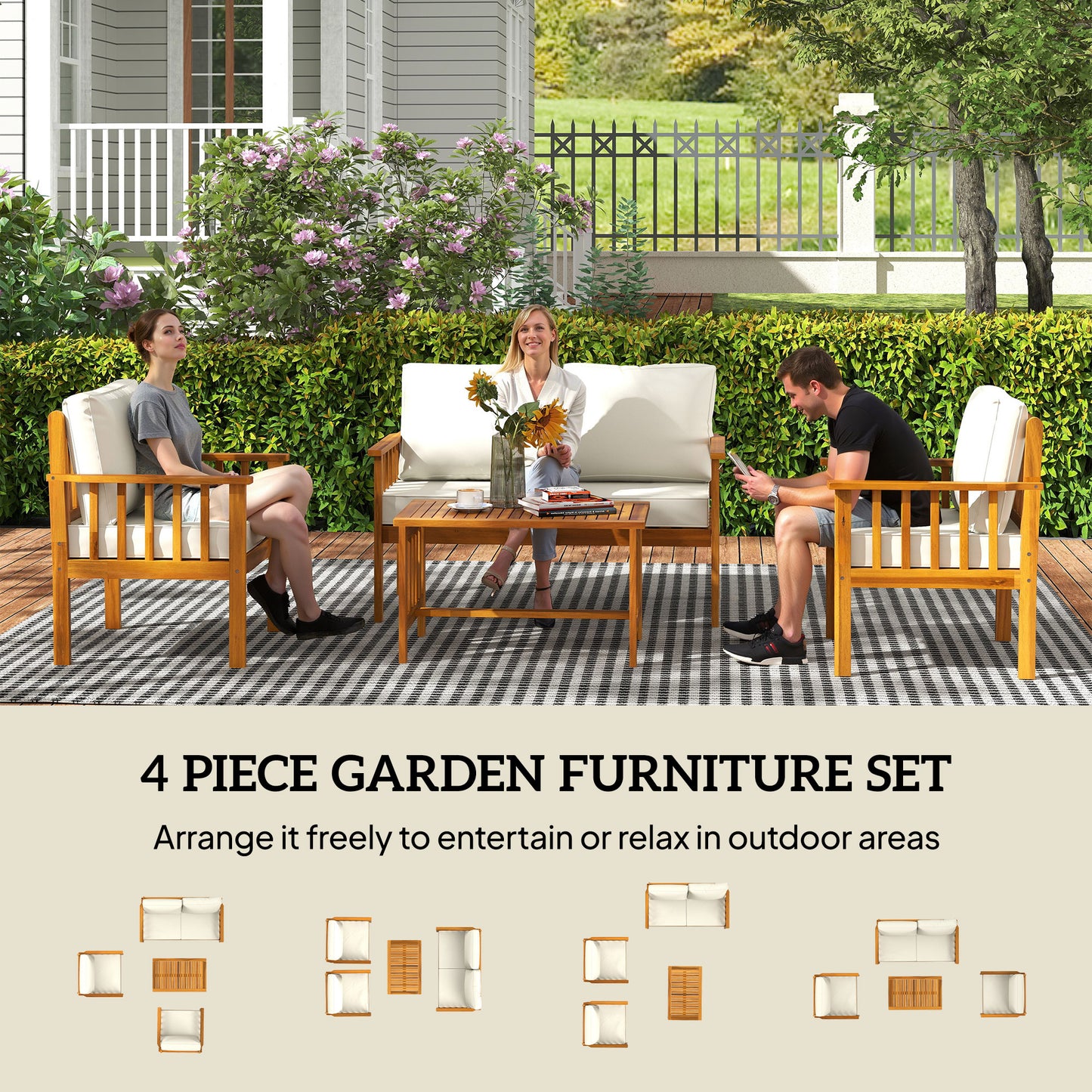 4 Seater Acacia Wood Patio Conversation Set Slatted Design Teak
