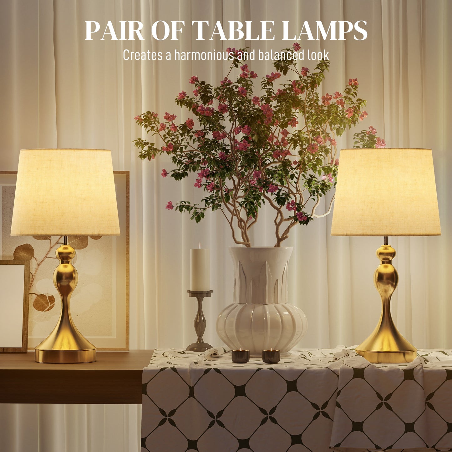 Table Lamps Set of 2, Modern Bedside Lamps with USB Ports, Gold Tone