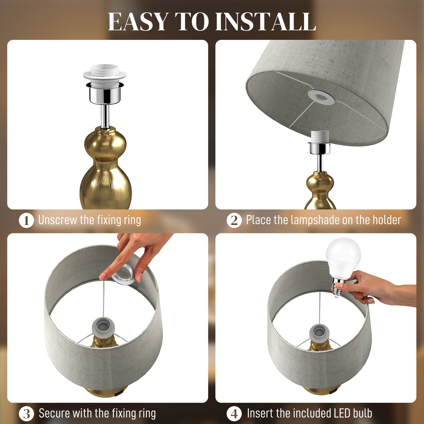 Table Lamps Set of 2, Modern Bedside Lamps with USB Ports, Gold Tone