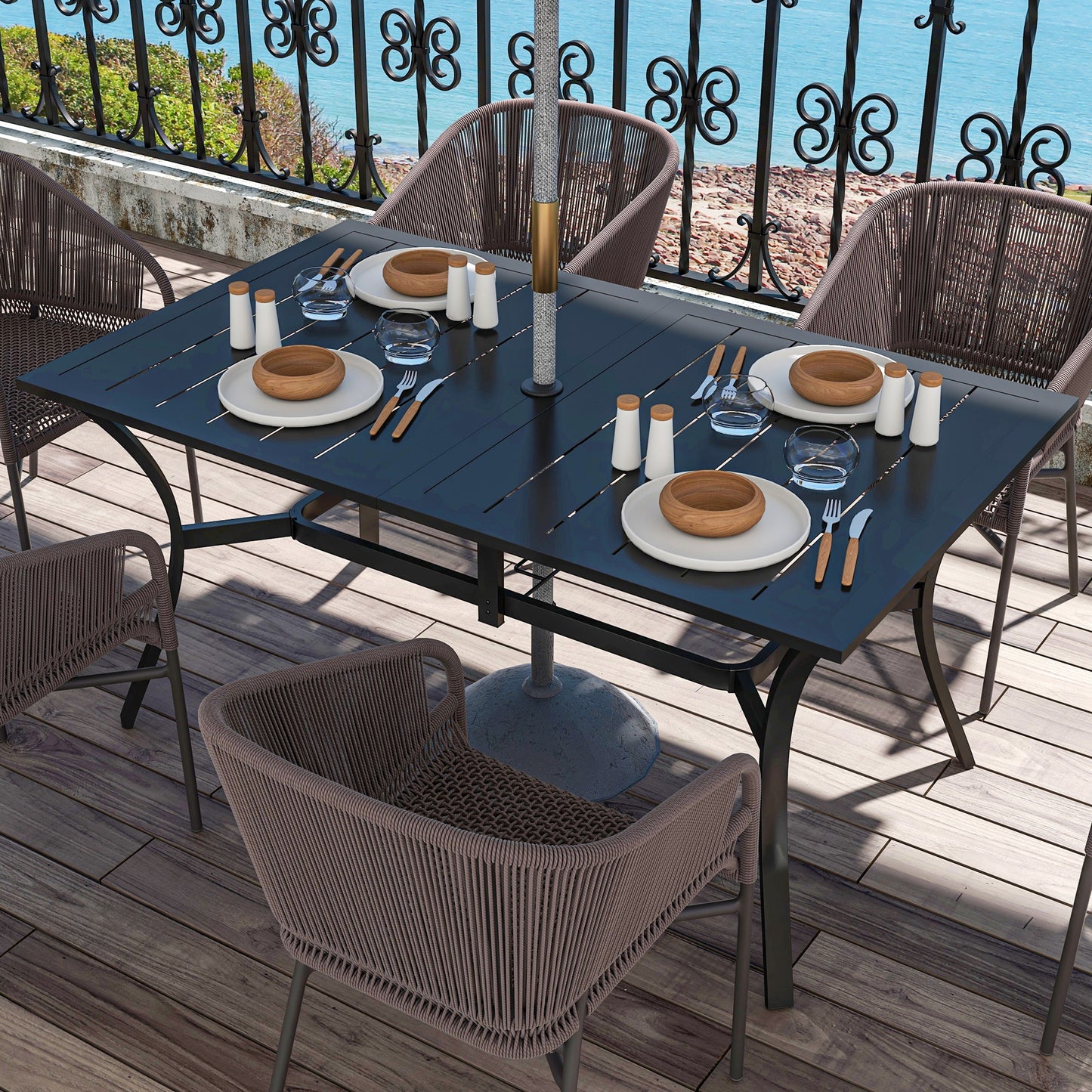 Rectangle Garden Dining Table with Parasol Hole, Patio Table with Steel Frame and Slat Tabletop, 150cm x 90cm, Black