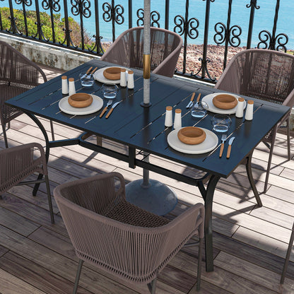 Rectangle Garden Dining Table with Parasol Hole, Patio Table with Steel Frame and Slat Tabletop, 150cm x 90cm, Black