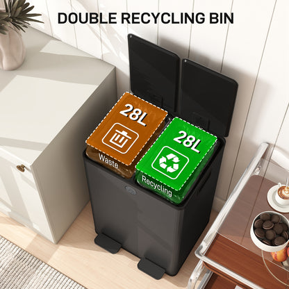 2 x 28L Dual Kitchen Bin Pedal Bin for Recycling and Waste, Black