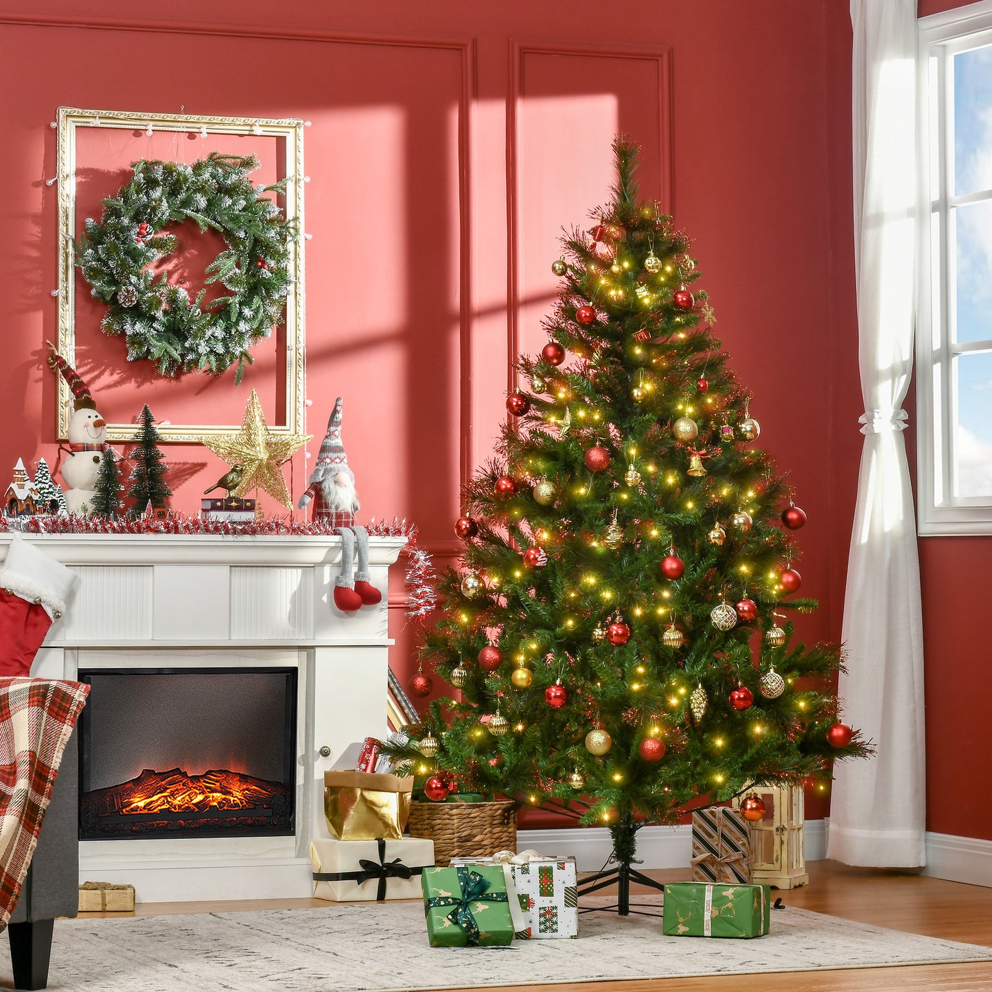 6ft Pre-Lit Christmas Tree Artificial Spruce Xmas Tree Warm White LED Holiday Décor with Metal Stand