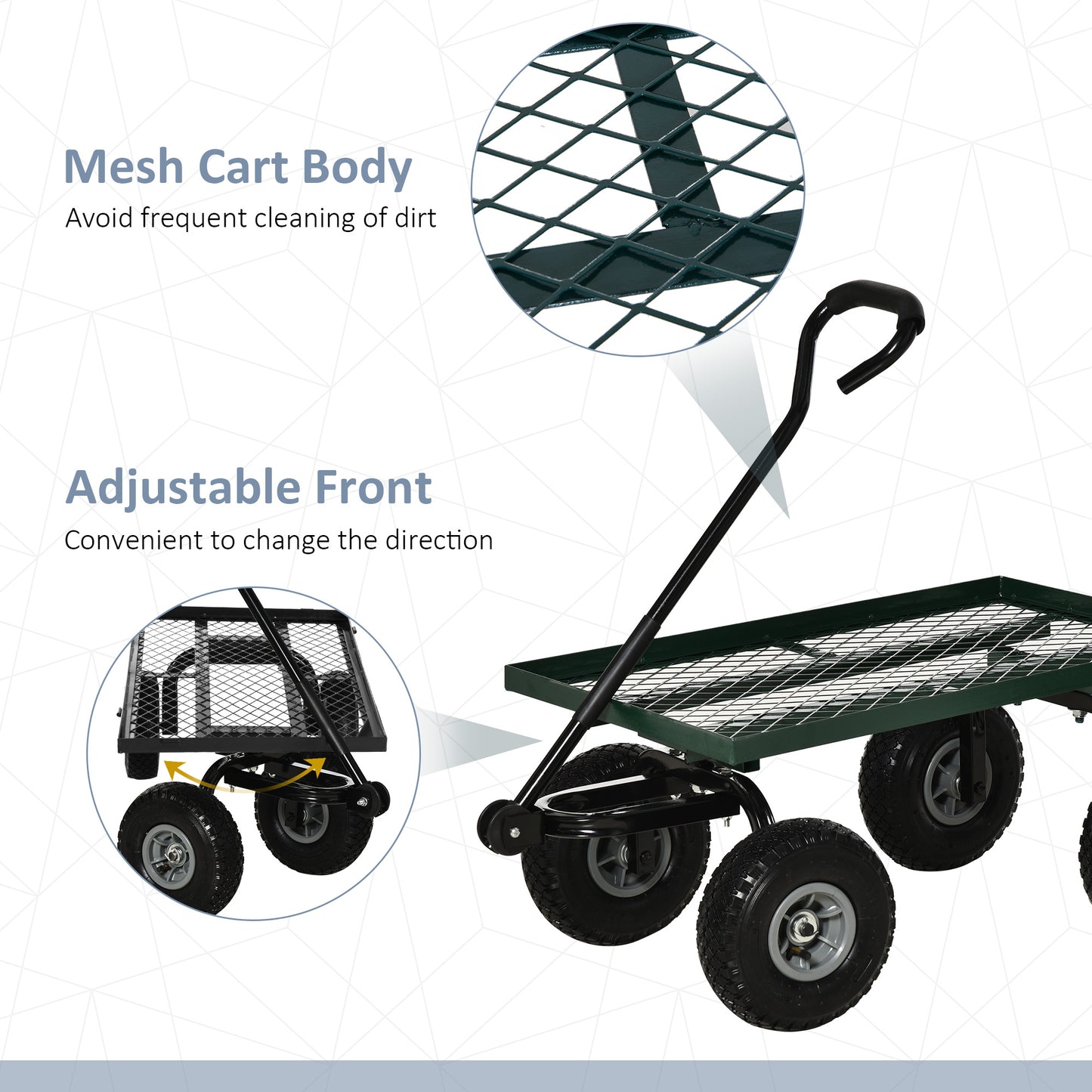 Garden Trolley Cart with Pneumatic Wheels and Rotating Handle, Green