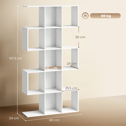 Geometric Bookshelf, 5-Tier S Shaped Bookcase, White Wood Effect
