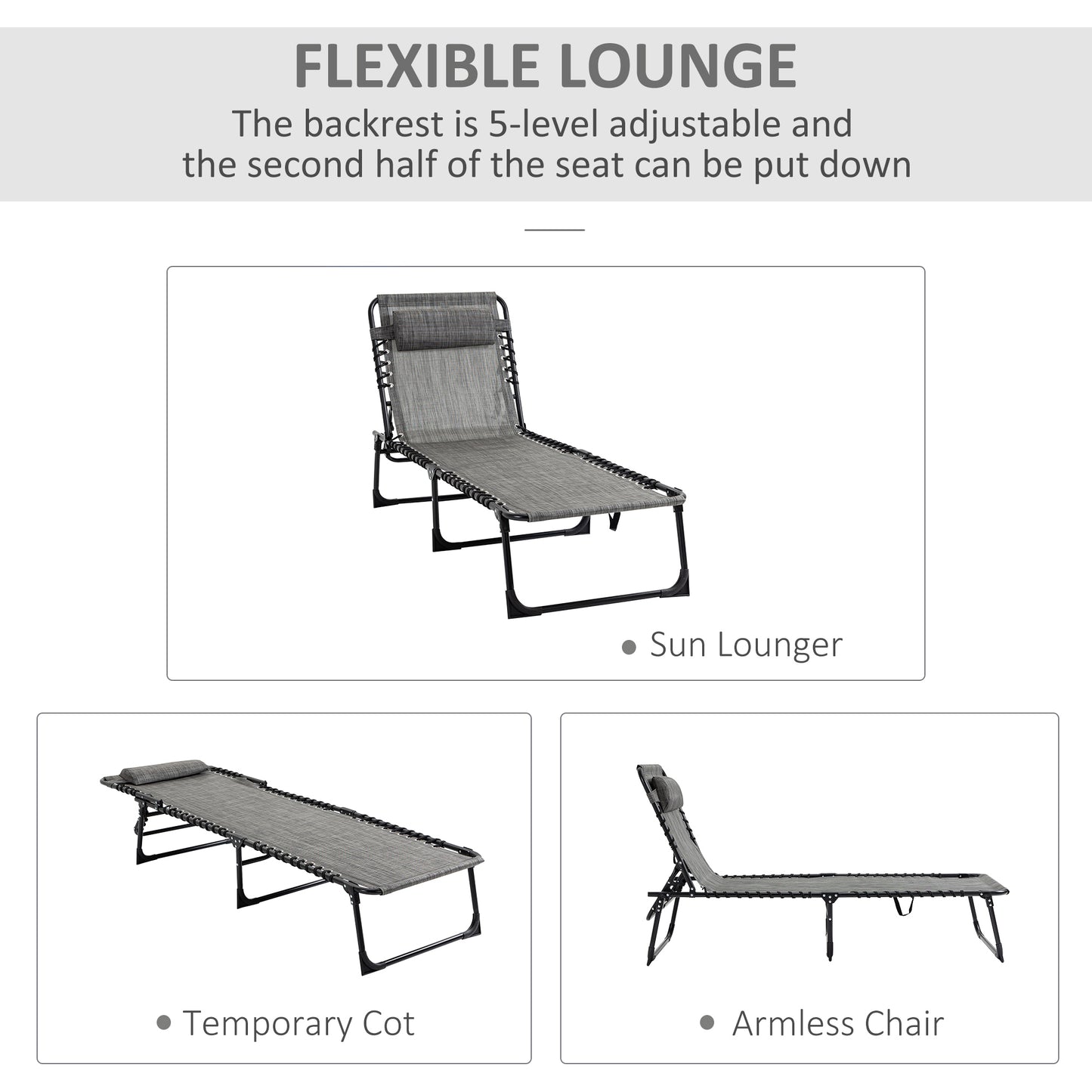 Portable Sun Lounger, Folding Camping Bed Cot, Reclining Lounge Chair 5-position Adjustable Backrest with Pillow, Mixed Grey