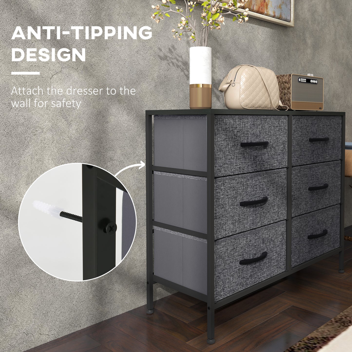 6 Drawer Fabric Chest of Drawers w/ Wooden Top for Hallway Black