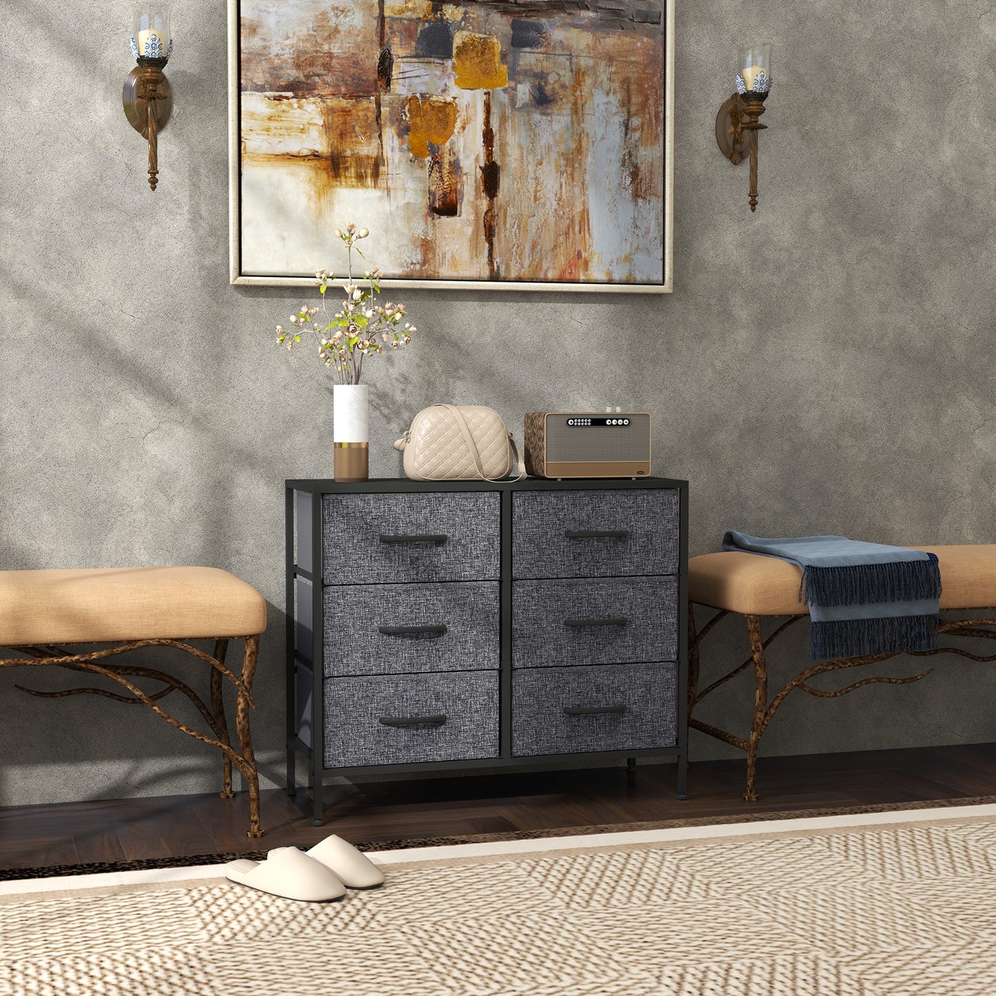 6 Drawer Fabric Chest of Drawers w/ Wooden Top for Hallway Black