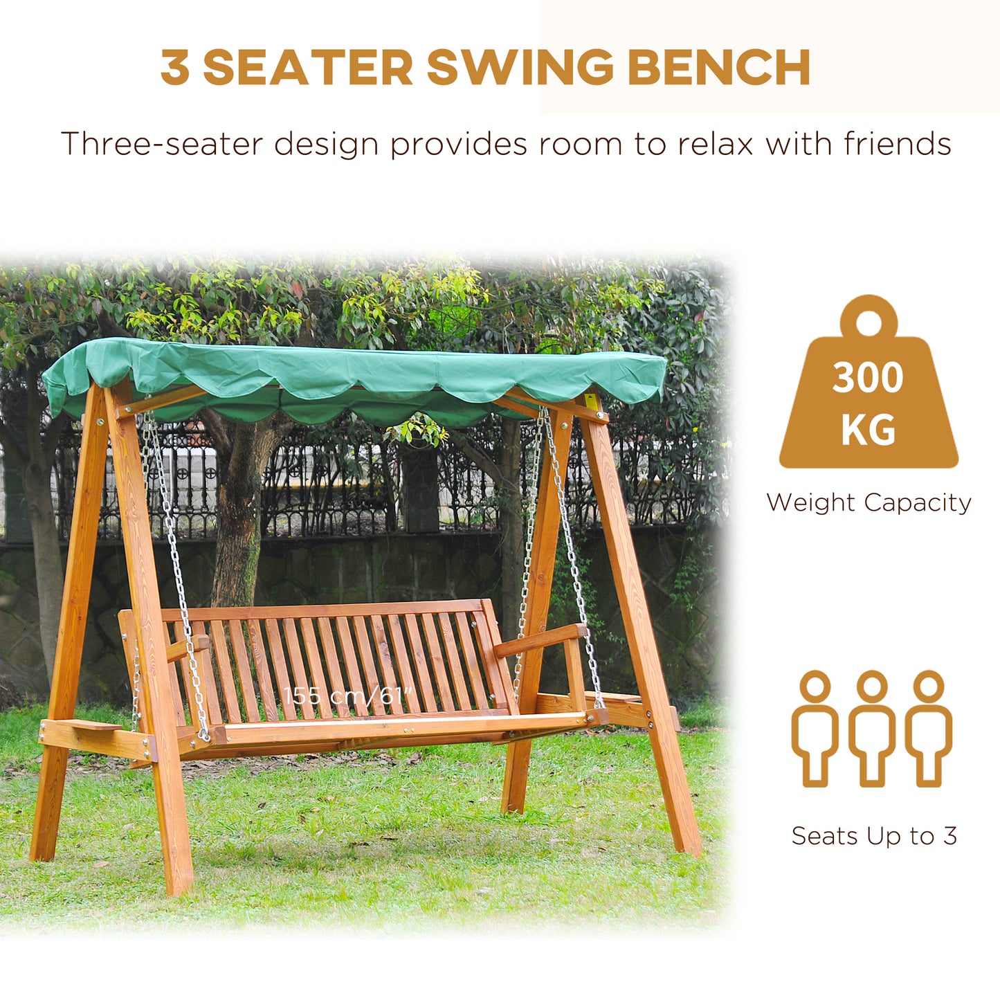 3-Seater Wooden Garden Swing Chair Seat Bench, Green