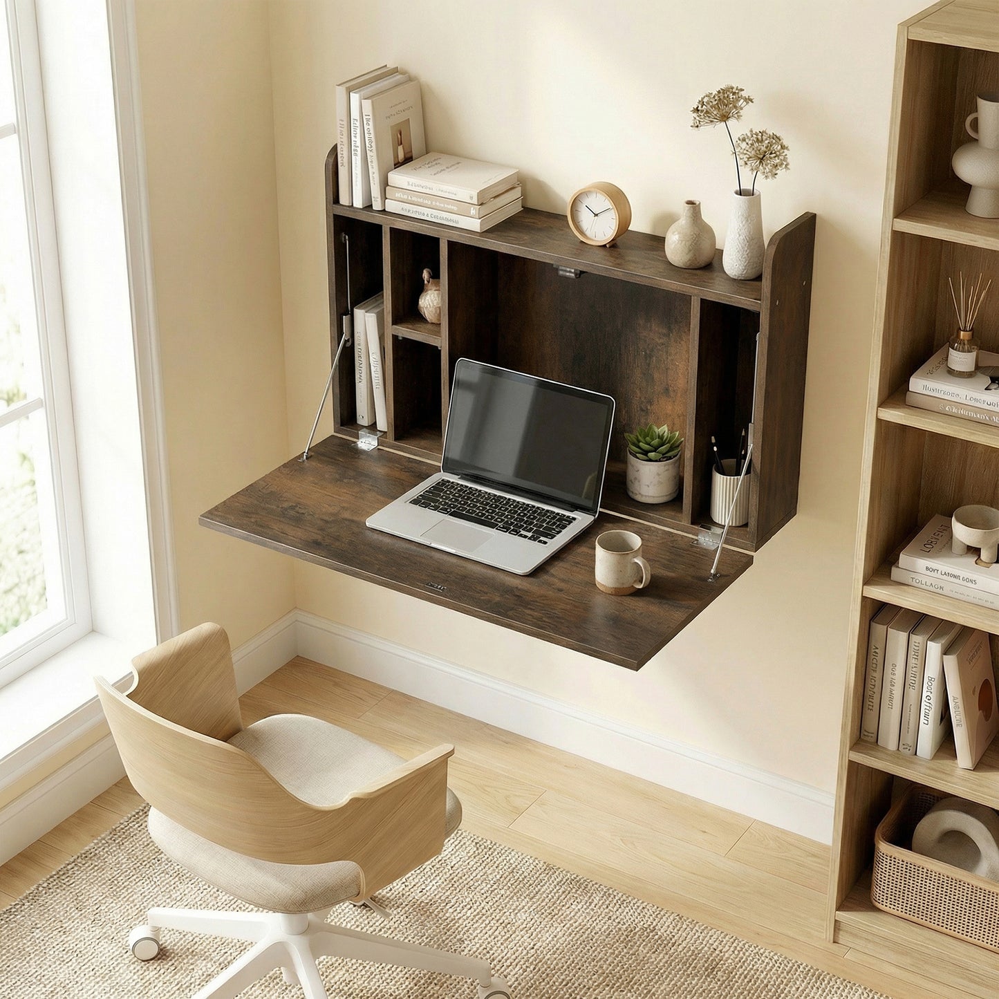 Wall Mounted Table w/ Space Saving Storage Compartments, Dark Brown