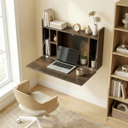 Wall Mounted Table w/ Space Saving Storage Compartments, Dark Brown
