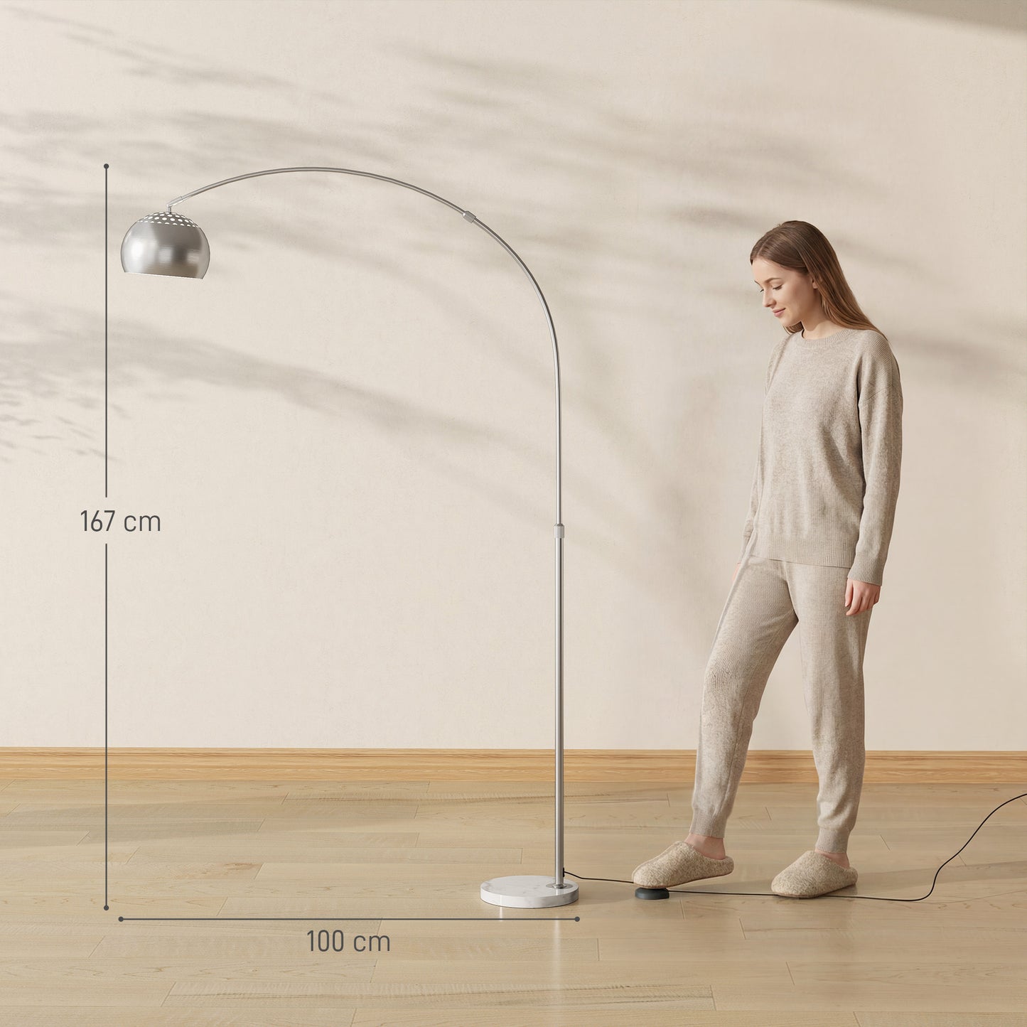 Arc Floor Lamp for Living Room, Free Standing Tall Lamp, Silver Tone