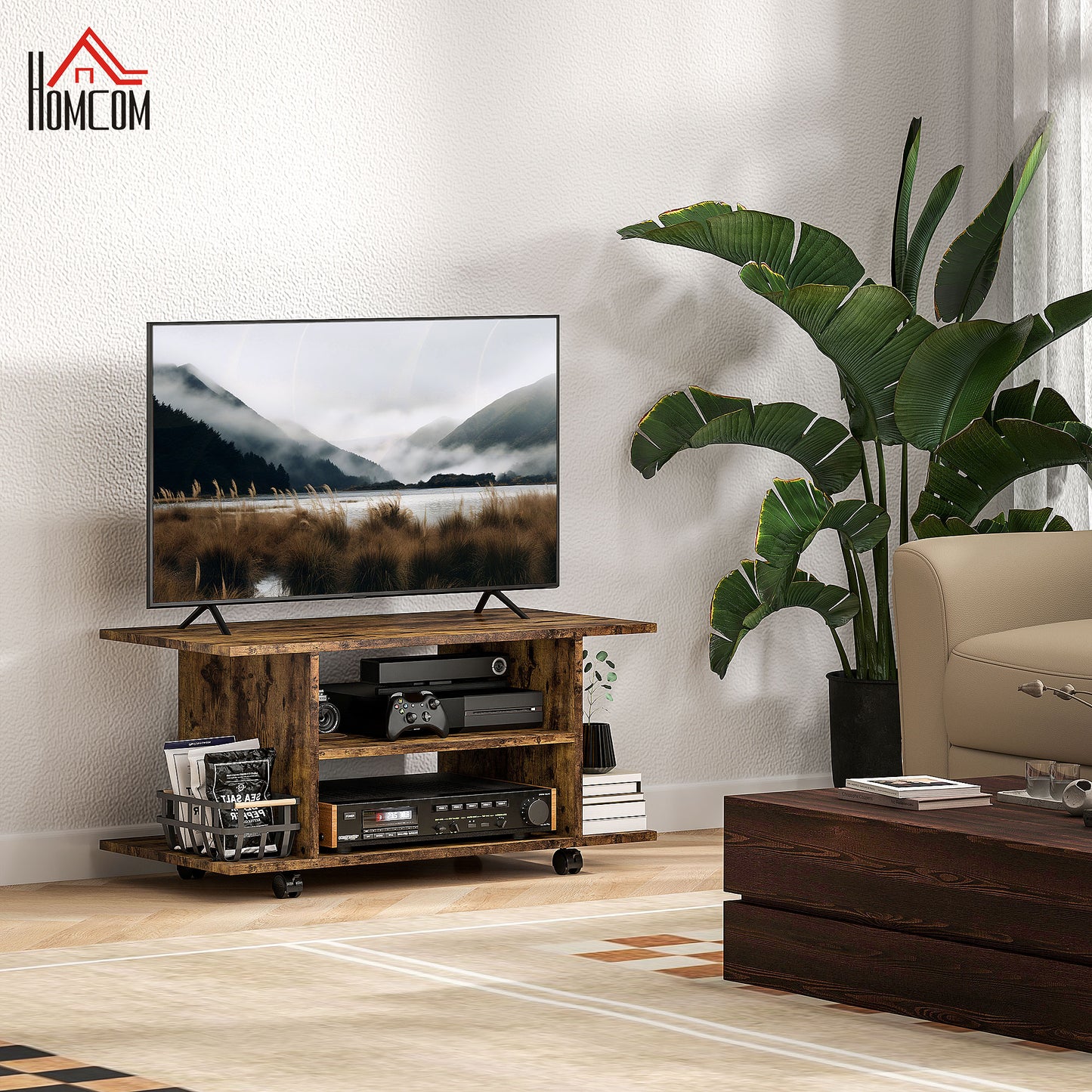 Modern TV Cabinet Stand Storage Shelves Table Mobile Rustic Brown