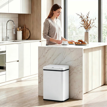 40L Sensor Bin with Quiet Soft-Close Lid, Automatic Touchless Motion Sensor Kitchen Bin with Fingerprint Resistant Stainless Steel for Hygienic Gyms, Home Office Use, White