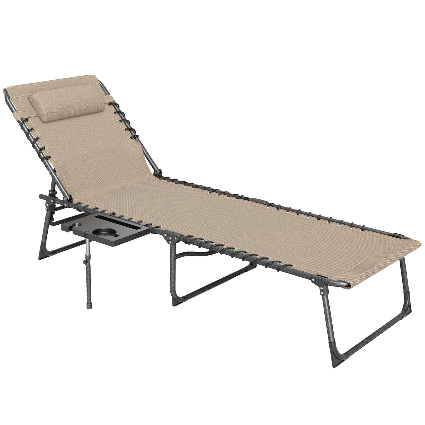 Folding Sun Lounger with 5-Level Reclining Back, Side Table, Beige