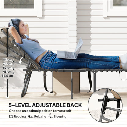 Folding Sun Lounger with 5-Level Reclining Back, Side Table, Beige
