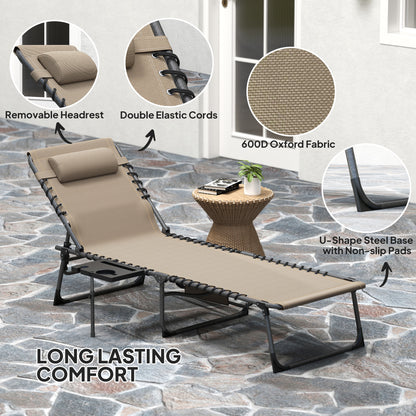 Folding Sun Lounger with 5-Level Reclining Back, Side Table, Beige