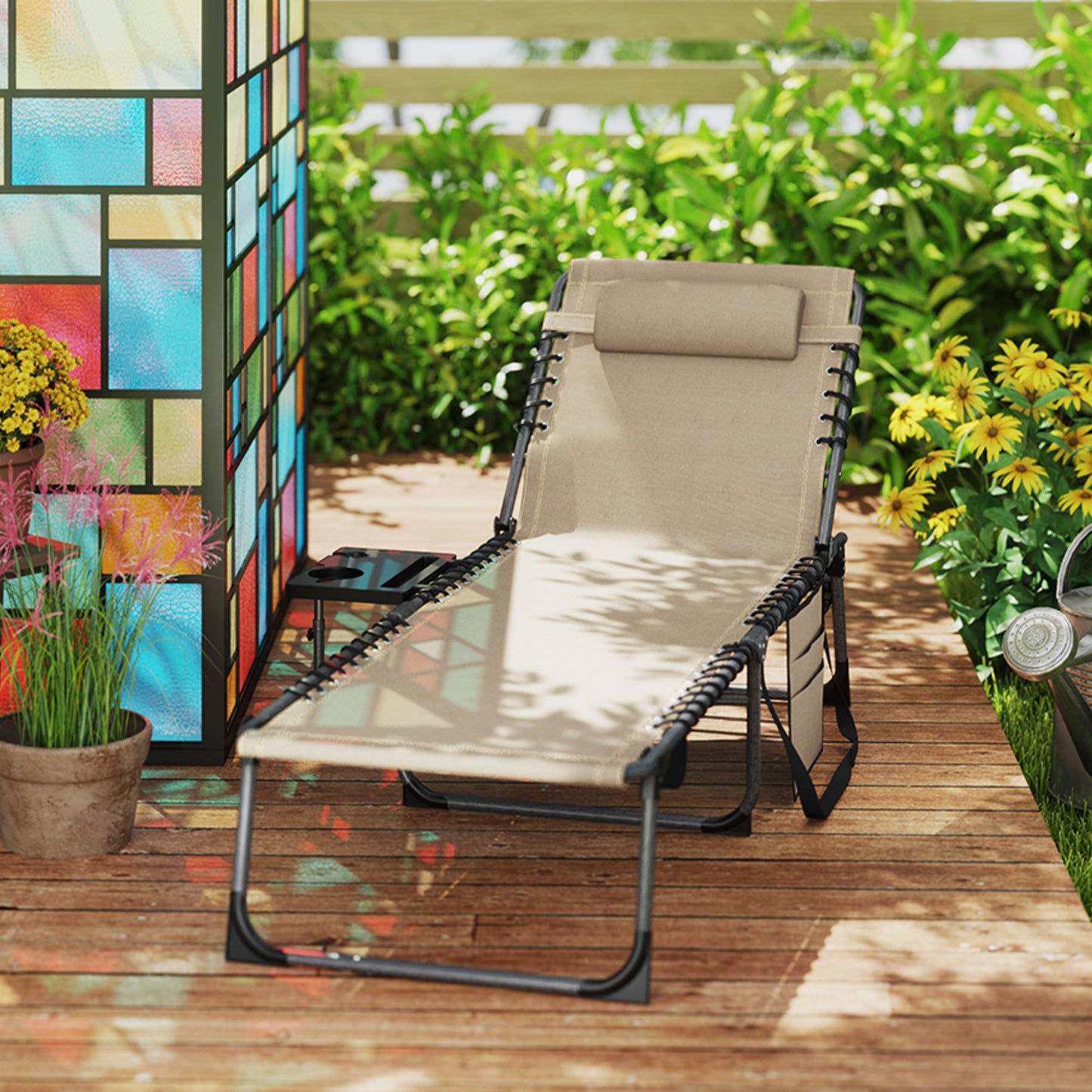 Folding Sun Lounger with 5-Level Reclining Back, Side Table, Beige