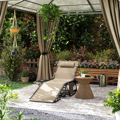 Folding Sun Lounger with 5-Level Reclining Back, Side Table, Beige