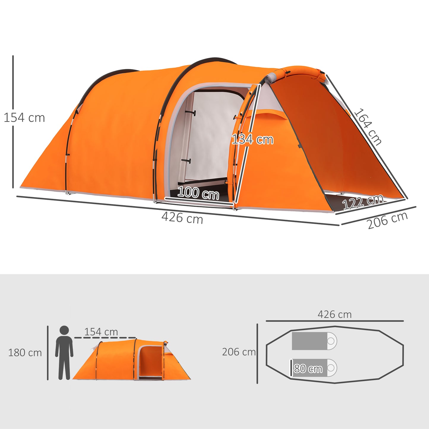 3 Man 2-Room Tent Camping Tent With Living Area Air Vents Orange