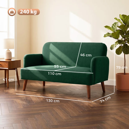 2 Seater Sofa, Small Sofa with 21cm Thick Padding and Wood Legs, Modern Velvet Feel Fabric Loveseat for Living Room, Bedroom, Home Office, Dark Green