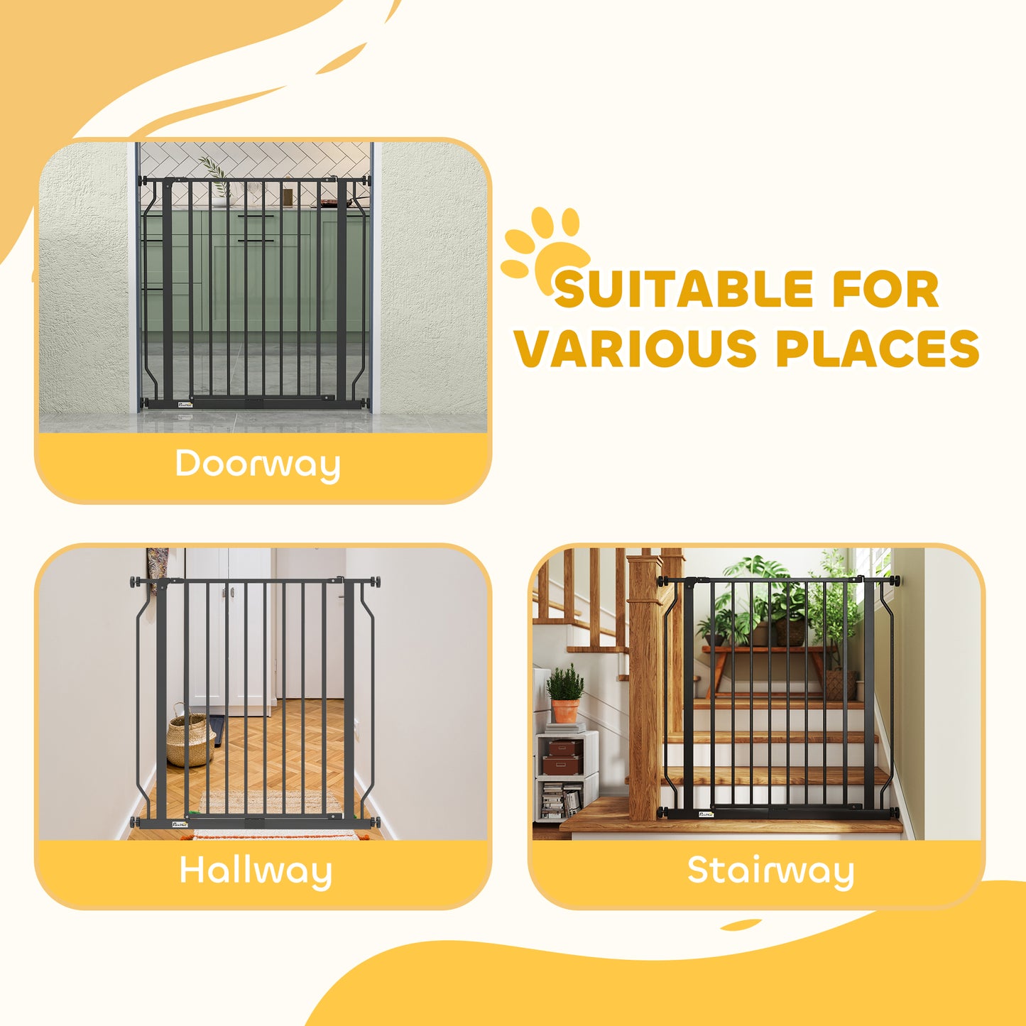 Dog Gate Wide Stair Gate w/ Door Pressure Fit, 75-85W cm, Black