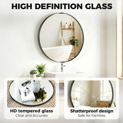 Round Wall Mirror 61 cm, Wall Mounted Bathroom Mirror with Tempered Safety Glass and Aluminium Alloy Frame for Living Room, Bedroom, Entryway, Home, Black