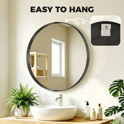 Round Wall Mirror 61 cm, Wall Mounted Bathroom Mirror with Tempered Safety Glass and Aluminium Alloy Frame for Living Room, Bedroom, Entryway, Home, Black