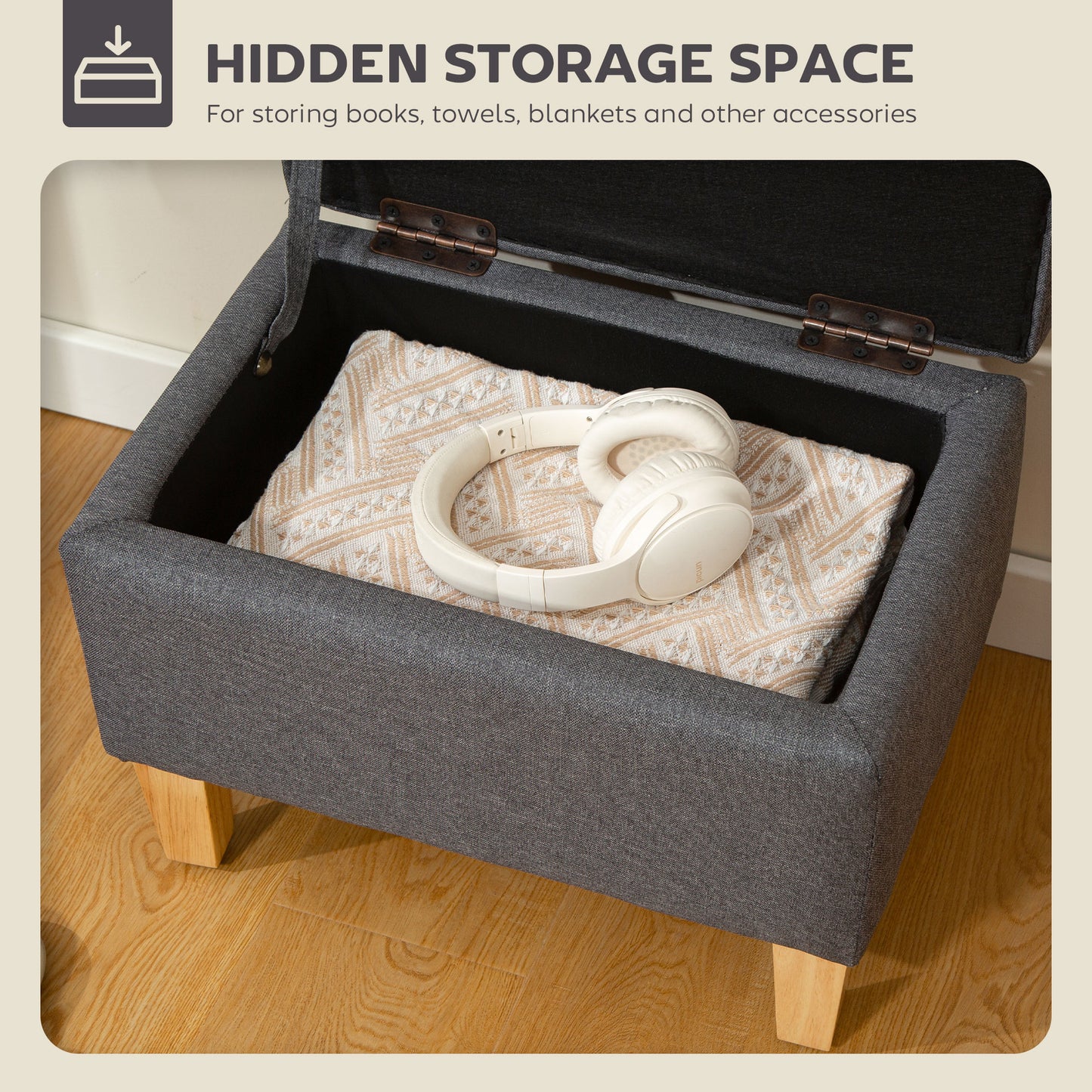 Linen Storage Ottoman Storage Box with Rubberwood Legs, Charcoal Grey