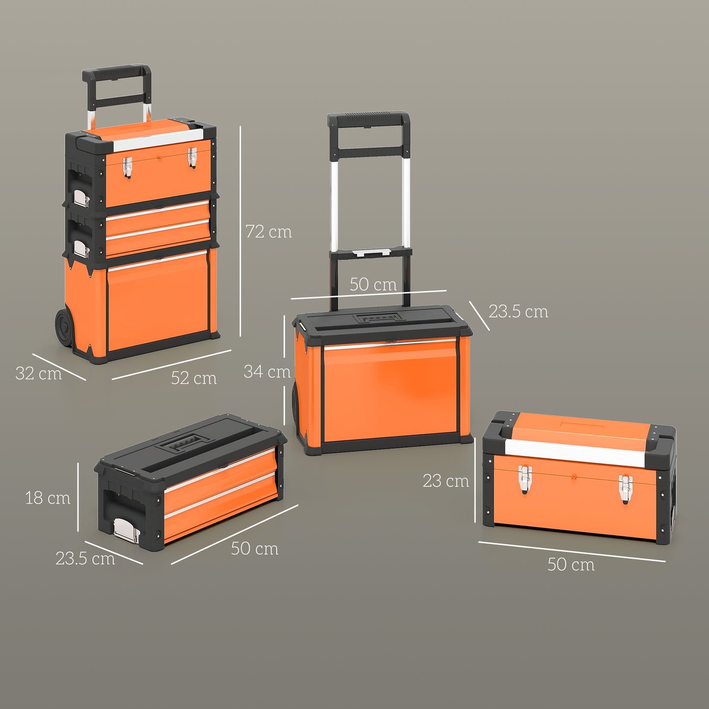 3-Tier Tool Box with Wheels, Stackable Steel Toolbox, Orange