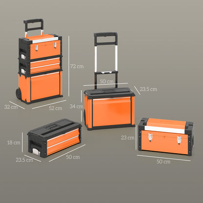 3-Tier Tool Box with Wheels, Stackable Steel Toolbox, Orange