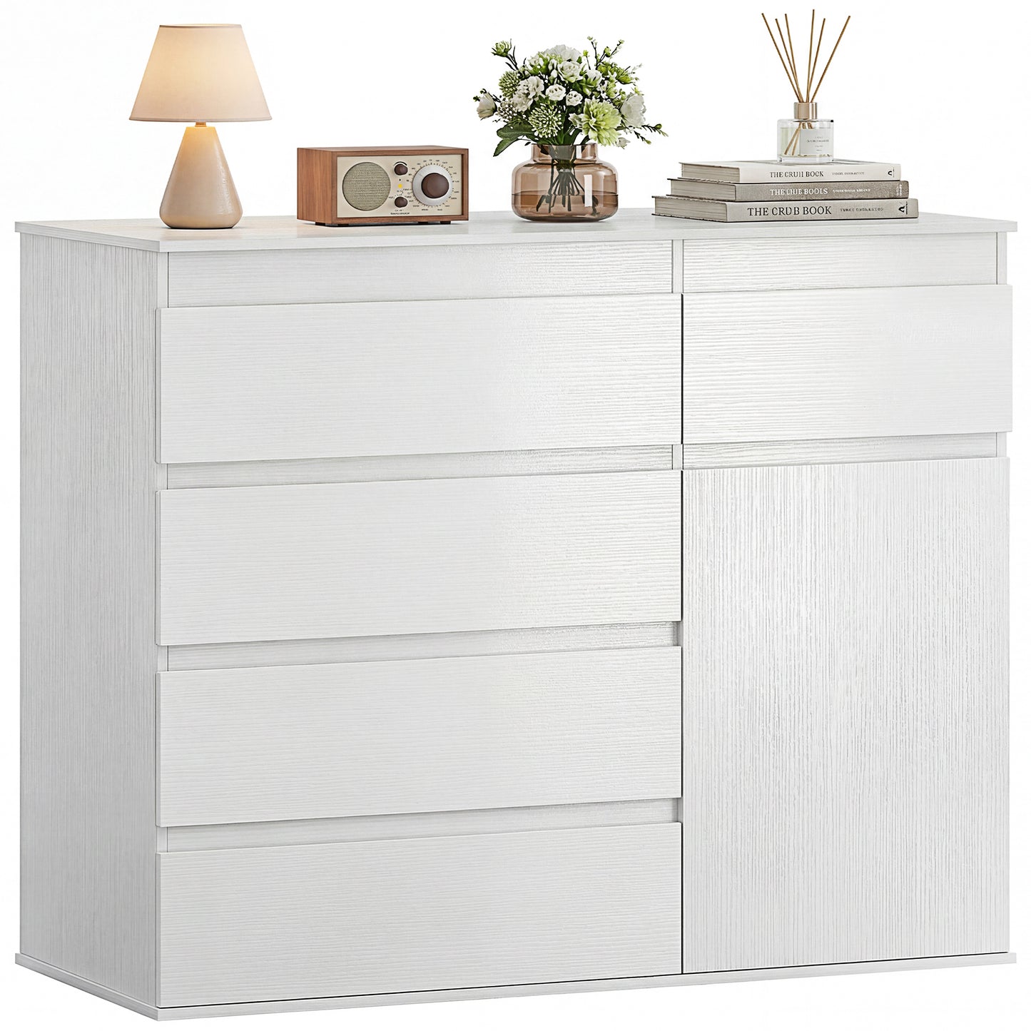 Sideboard Storage Cabinet, Kitchen Cupboard with 5 Drawers, White wood finish