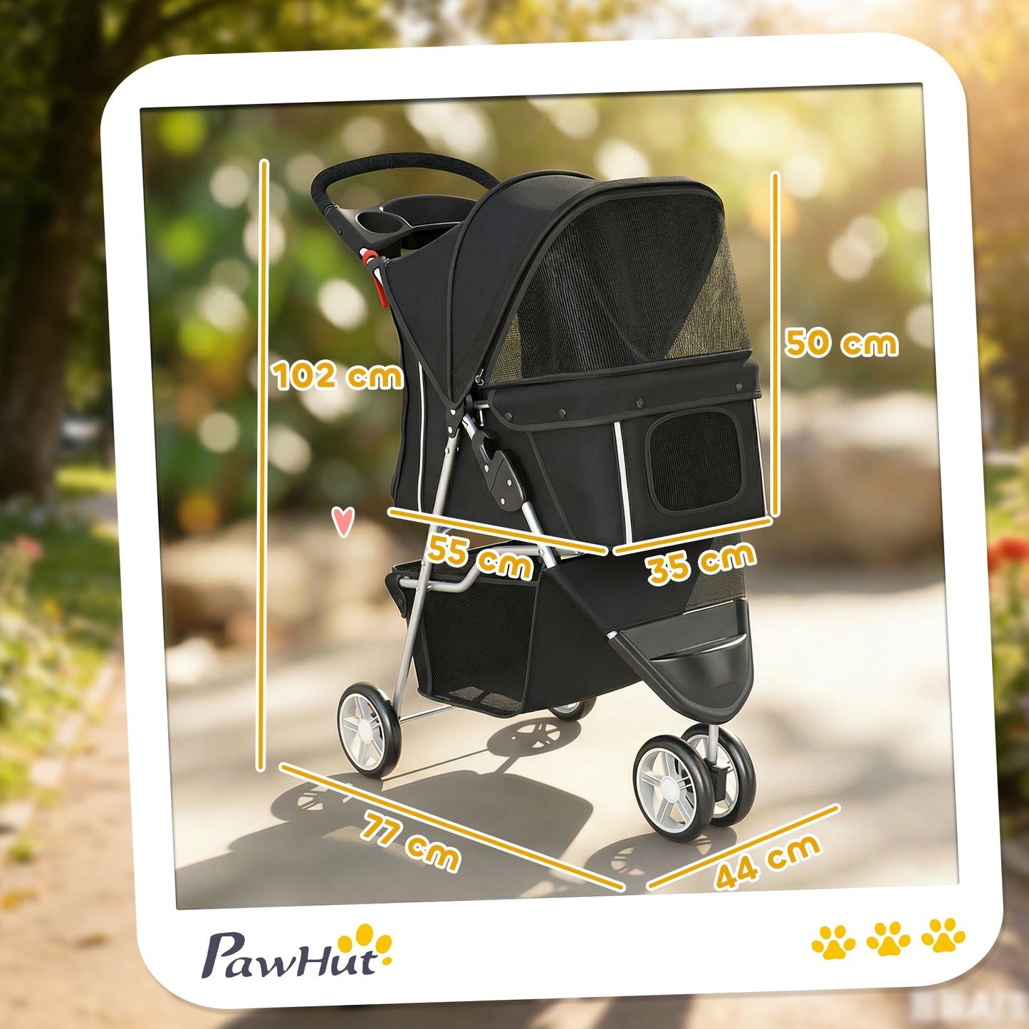 Pet Stroller Pushchair Carrier for Cat Puppy with 3 Wheels Black