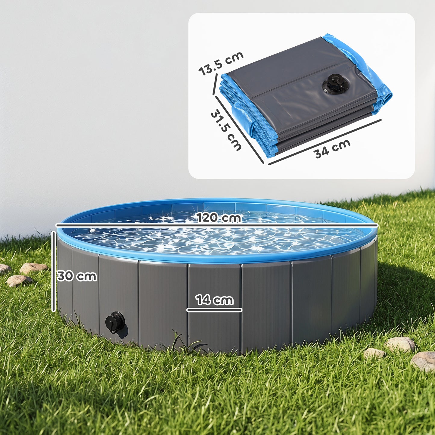 Foldable Dog Pool for Puppies and Ducks, Thickened PVC Dog Paddling Pool Bath Tub Hard Board, Anti-Slip Bottom and Hose Adapter for Easy Drainage, 120 x 30cm, Dark Grey and Blue