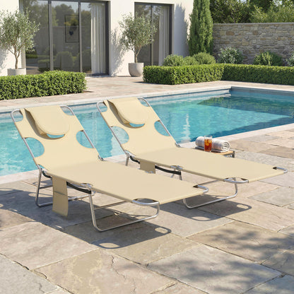 2 Sun Loungers with Reading Hole, Folding Garden Lounger, Beige