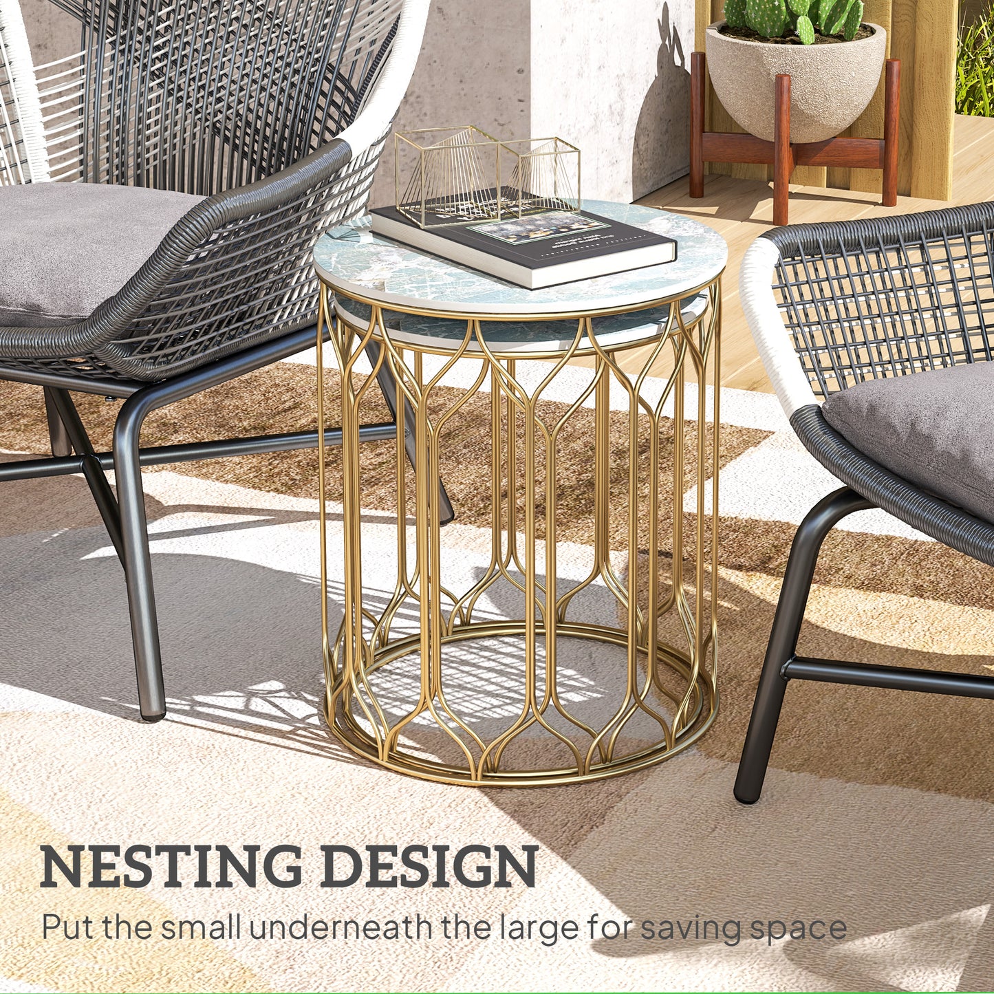 Nesting Tables Set of 2, Marble Effect Side Tables, Multi
