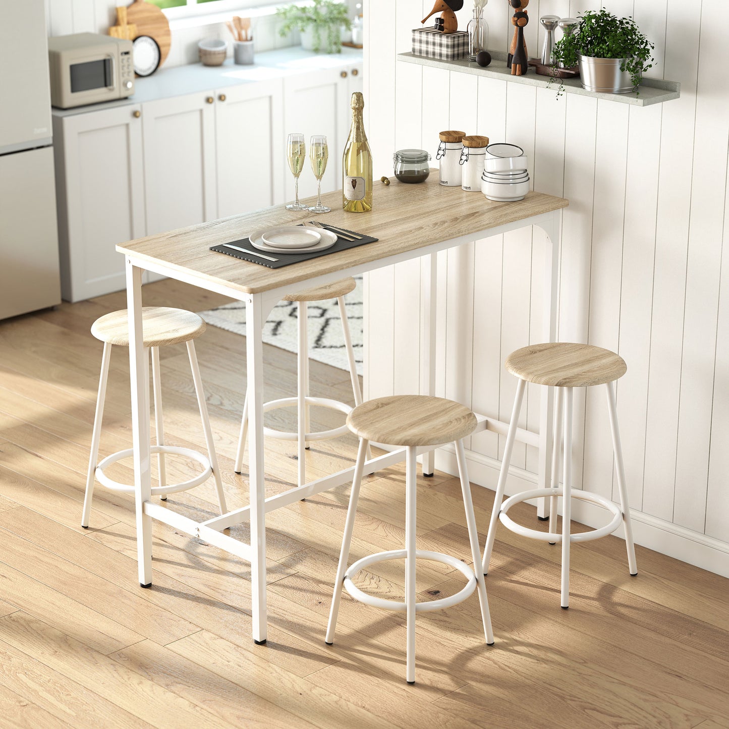5 Piece Bar Table and Stools Set with Metal Frame Natural Wood