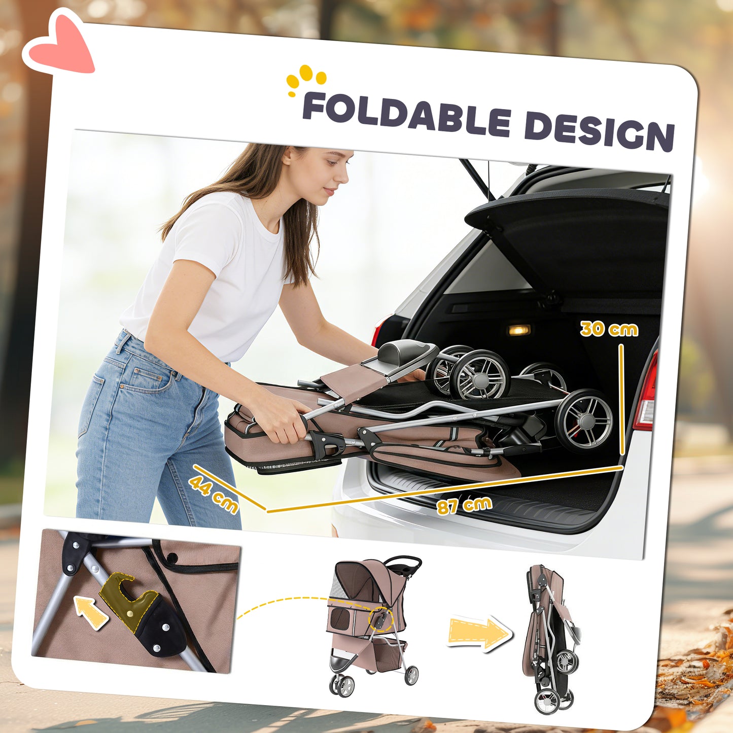Dog Stroller, 3 Wheels Foldable Pet Stroller with Adjustable Canopy, Storage Basket, Cup Holder, Cat Dog Pram with Breathable Mesh for Small Miniature Breeds, Coffee