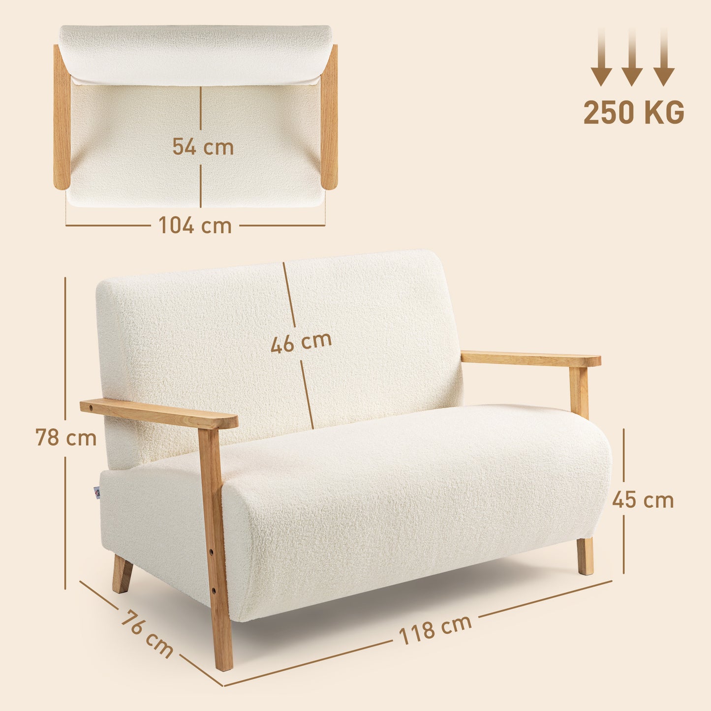 2 Seater Sofa, Fabric Modern Loveseat for Living Room, Cream