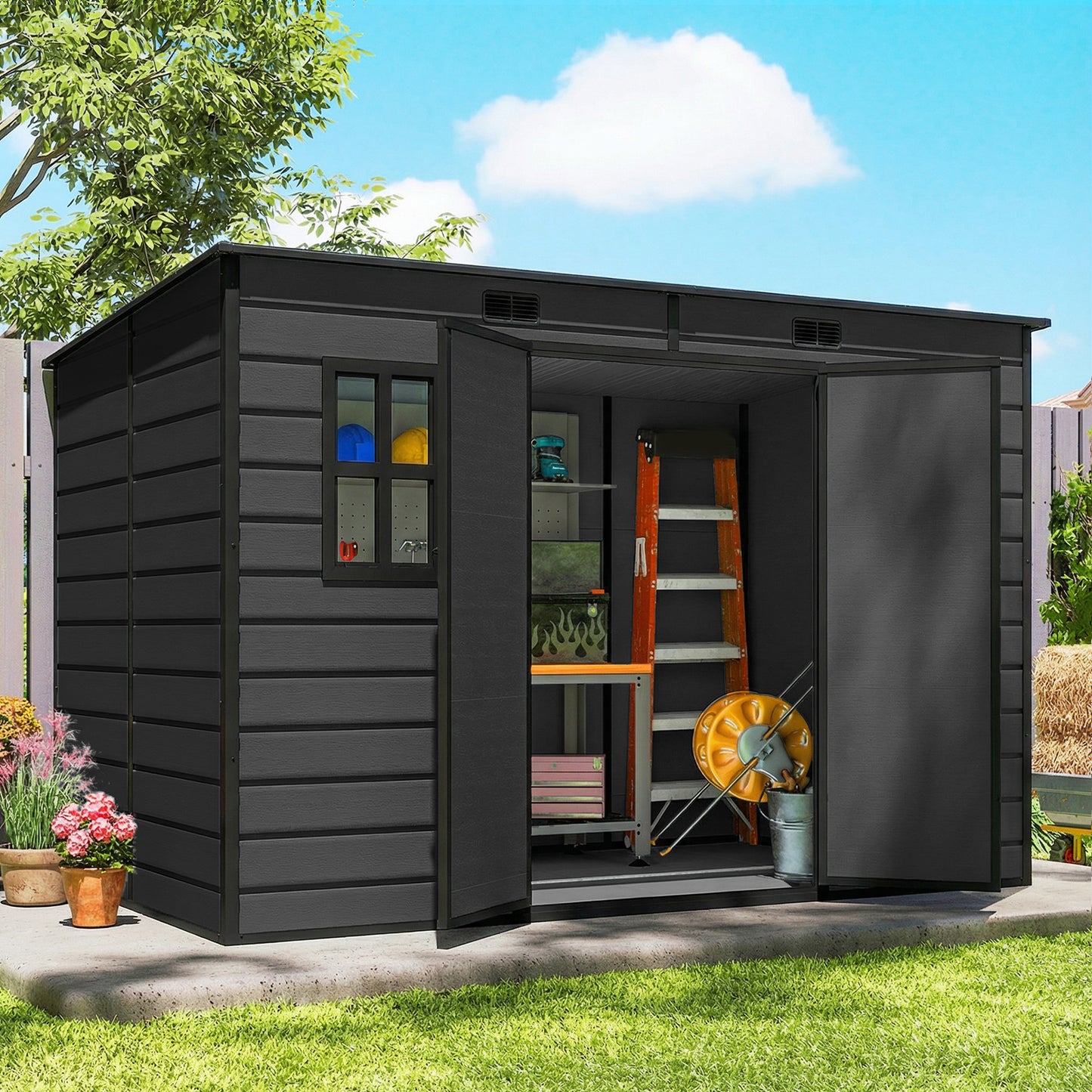 10 x 6 ft Plastic Garden Shed with Floor, Lockable Doors, Dark Grey